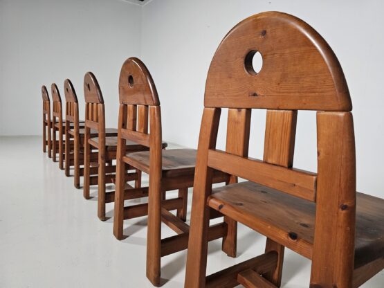 Brutalist solid pinewood dining chairs